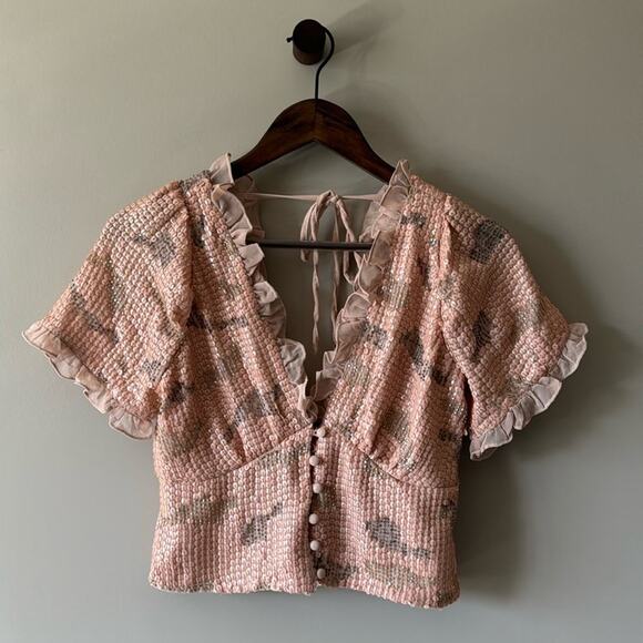 ANTHROPOLOGIE X FOREVER THAT GIRL SEQUINED V NECK SHORT SLEEVE BLOUSE XS - Picture 1 of 6